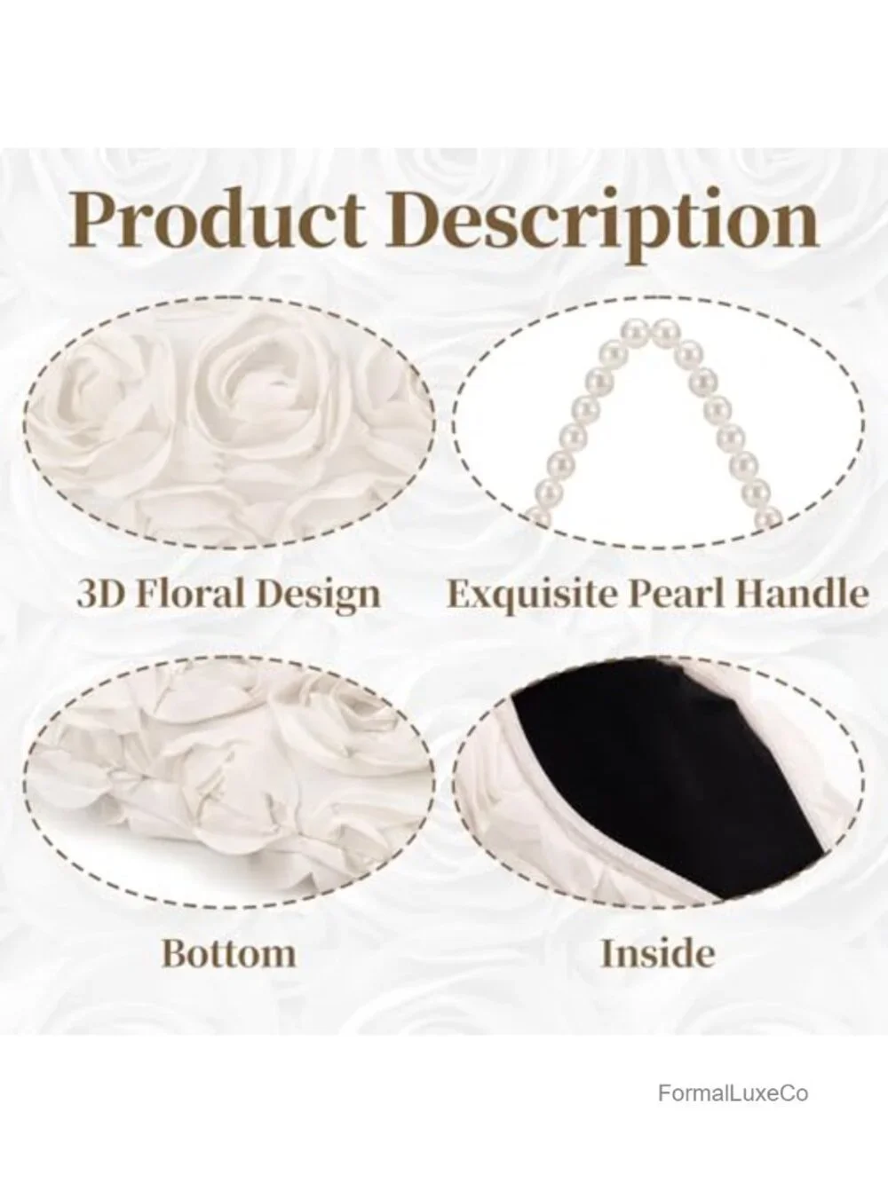3D Floral Satin Evening Clutch with Pearl Beaded Top Handle Detachable Gold